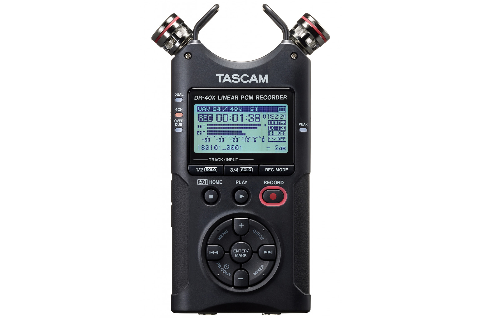 Tascam DR-40X Four-Track Digital Audio Recorder and USB Audio Interface with Music Trends Mini Shotgun Cardioid Microphone Red 